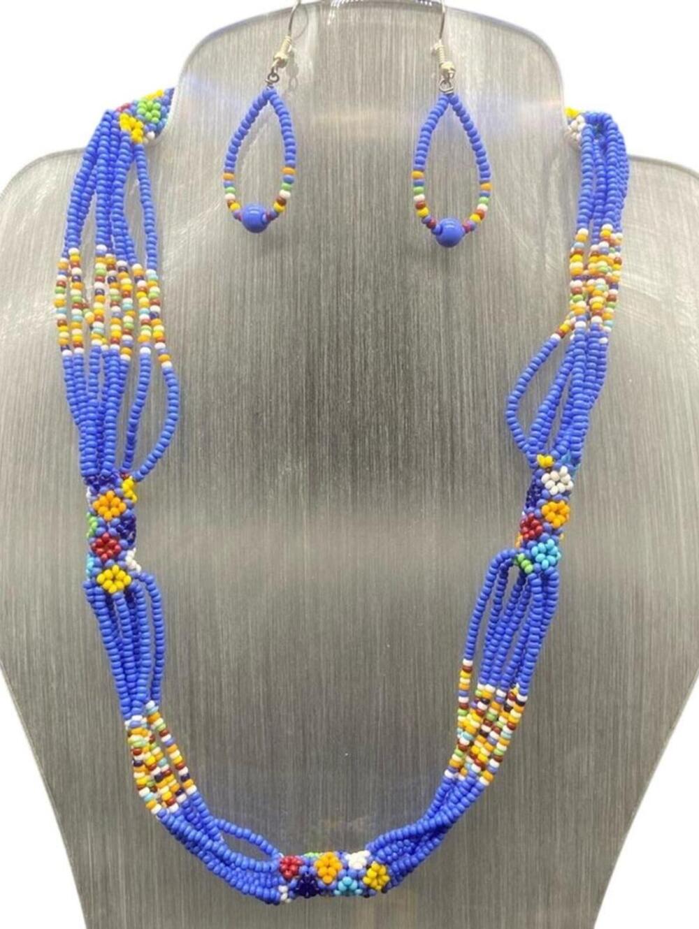 Blue Maasai Multi Strand Beaded Necklace Earrings Set African Jewelry-New